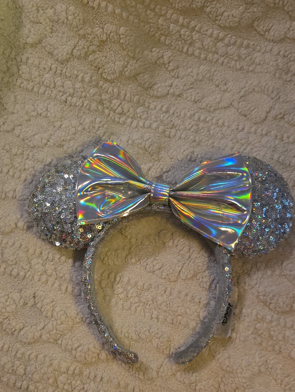 Disney Silver Sequin Minnie Ear Headband with Holographic Bow